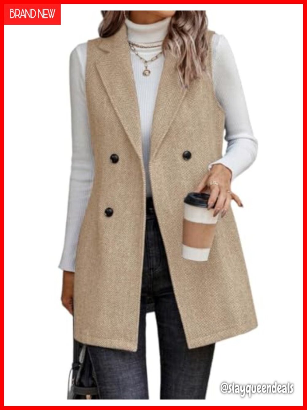 Sleeveless Tweed Blazer Long Vest Herringbone Wool Blend Business Casual